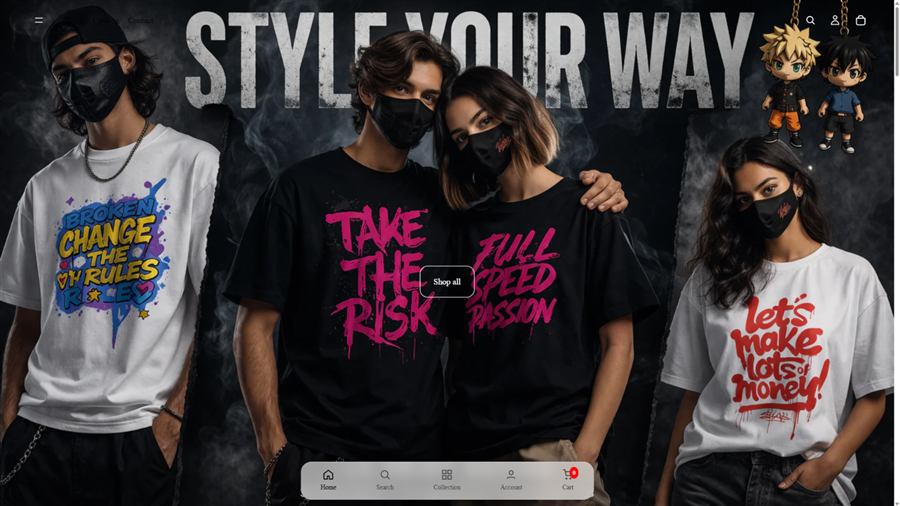 Printed clothing ecommerce homepage showing a mobile-oriented product brand visual